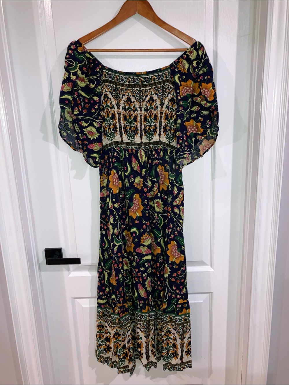 Navy Blue & Green & Orange Boho Floral Midi Dress - size M
